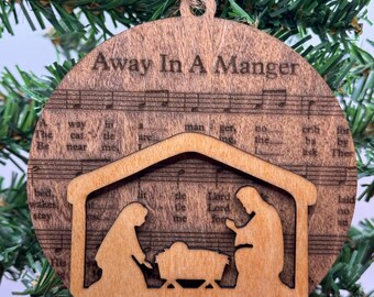 Beautiful two layer Away In A Manger wood engraved 4” Christmas ornament. Christmas gift. Christmas tree ornament.