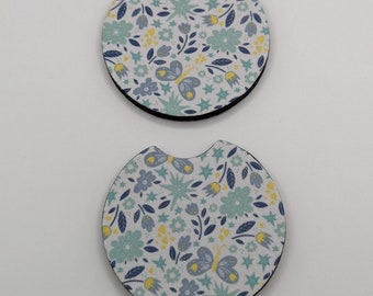 Car Coaster Set Blue Floral 2.75 Inch For cupholder in car. Great Gift!