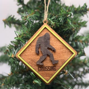Bigfoot crossing wood Christmas ornament. Gift for him. Sasquatch ornaments. Yeti ornaments. Holiday decor. Christmas tree decor. Holidays.