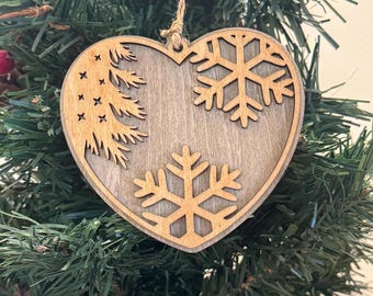 Beautiful two layer heart shaped Christmas Ornament. Holiday decor two toned wood ornaments. Holiday gift;Christmas gift;heart shaped orname
