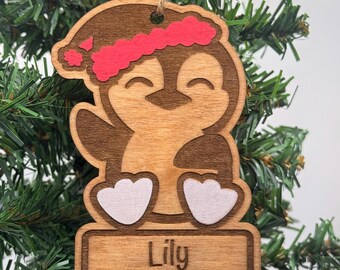 Personalized penguin wood engraved name ornament. Wood Christmas ornament. Holiday decor. Christmas tree decor. Penguin lovers. Custom name.