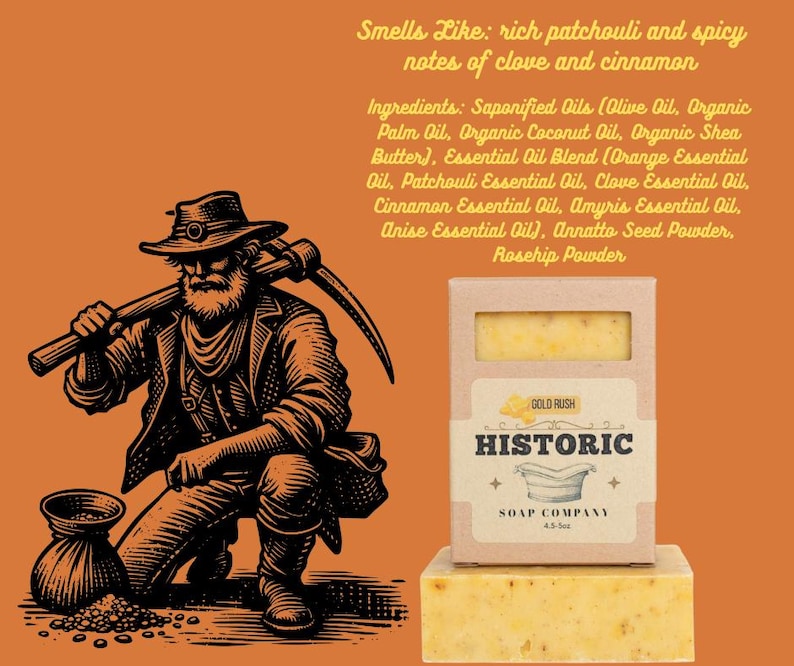 May include: A bar of soap from the Historic Soap Company, with a gold rush theme. The soap is in a cardboard box with the company name and a small illustration. The image also features a drawing of a miner.
