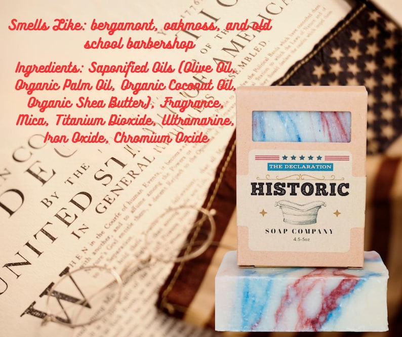 May include: A bar of soap with red, white, and blue swirls, packaged in a cardboard box. The box is labeled "Historic Soap Company" and features a vintage design. The soap is 4.5 oz.