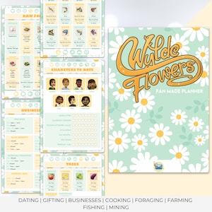 Puede incluir: Un planificador imprimible para el videojuego "Wylde Flowers" con un patrón de margaritas verdes y blancas. El planificador incluye secciones para citas, regalos, negocios, cocina, recolección, agricultura, pesca y minería.