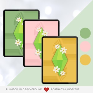 May include: Three iPad screen mockups with a green, pink, and yellow background. Each background has a green diamond shape with white flowers on top. The text "PLUMBBOB IPAD BACKGROUND" is at the bottom left of the image and "PORTRAIT & LANDSCAPE" is at the bottom right.