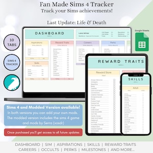 The Sims 4 tracker, Sims 4 legacy gameplay, Super Sim Challenge Tracker, Sims 4 Planner, Google Sheets tracker, Sims 4 Life & Death