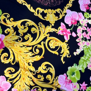 Orchids and Baroque Print Crepe Fabric / Pink and Green Orchids, Baroque Ornaments, Pink Medusa Head / Sewing Fabric / Fabric Width 150cm