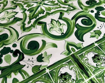 Italian Majolica Print Crepe Fabric / Green-White Majolica Fabric / Mediterranean Fabric / Sewing Fabric / Fabric Width 150 cm