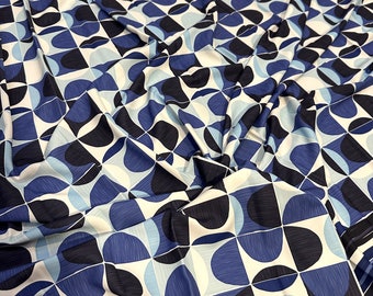 Geometric Pattern Crepe Fabric / Dark Blue, Blue and White Abstract Geometric Motifs / Color Gradient Border / Fabric Width 150cm