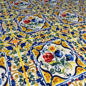 Italian Majolica Print Crepe Fabric / Sicilian Tile Print / Mediterranean Fabric / Watercolor Flowers with Colorful Motifs / Sewing Fabric
