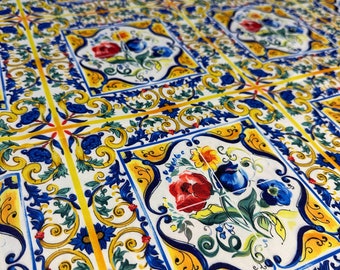 Italian Majolica Print Crepe Fabric, Sicilian Tile, Watercolor Floral