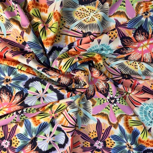 Colorful Passionflower Crepe Fabric – Purple, Pink, Orange with Blue, Green & Yellow Floral Print, 150cm Wide Sewing Material
