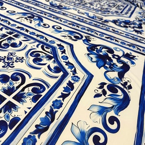 Blue Sicilian Majolica Print Crepe Fabric / Italian Style Fabric / Mediterranean Colors / Panel Fabric / Fabric Width 150cm