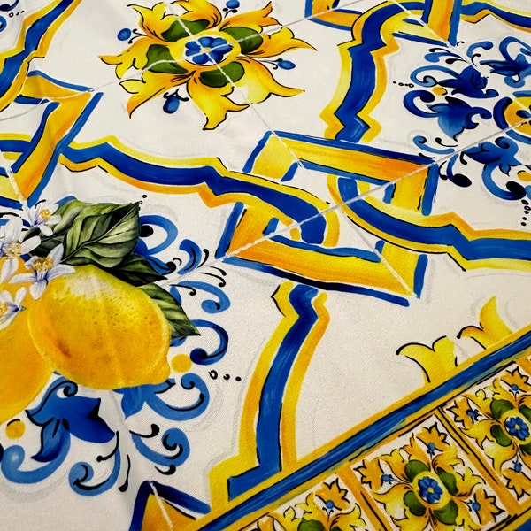 Sicilian Majolica Print Crepe Fabric / Lemon branches and Mediterranean Majolica Fabric / Clothing, Home Textiles / Fabric Width 150cm