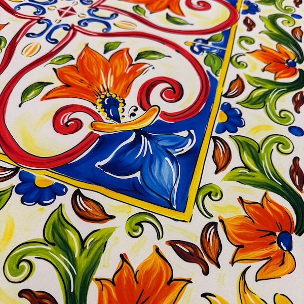 Sicilianskt majolikamönster / Italiensk majolika / Medelhavstyg / Färgglatt kakelmönster / Sytyg / Tygbredd 150 cm