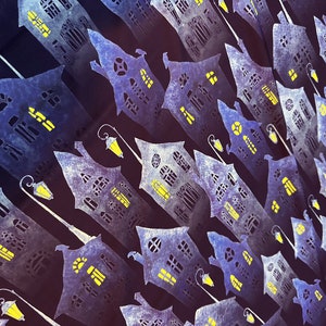 Halloween Print Crepe Fabric / Houses on Dark Purple Background, Night and Houses Pattern, Seamless Print on Fabric / Fabric Width 150cm