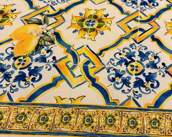 Sicilian Majolica Print Crepe Fabric / Mediterranean Majolica Fabric / Clothing, Home Textiles / Misprinted / Fabric Width 150cm