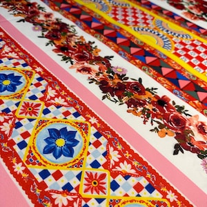 Sicilian Caretto Print Crepe Fabric / Floral and Majolica Print Fabric / Mediterranean Fabric / Sewing Fabric / Fabric Width 150cm