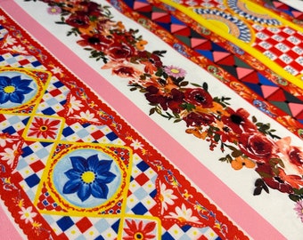 Sicilian Caretto Print Crepe Fabric / Floral and Majolica Print Fabric / Mediterranean Fabric / Sewing Fabric / Fabric Width 150cm