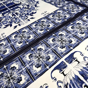 Sicilian Majolica Print Crepe Fabric / Blue Watercolor Flower Vase and Borders / Blue and White / Mediterranean Fabric / Fabric Width 150cm