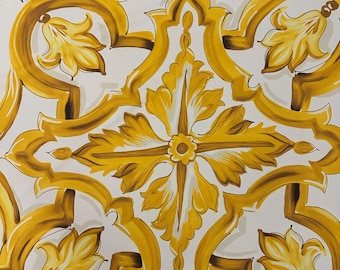 Tessuto in crepe con stampa maiolica gialla / Motivo maiolica siciliana grande / Tessuto in stile italiano / Motivi mediterranei / Larghezza tessuto 150 cm