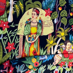 Frida&#39;s Tropical Garden Pattern Crepe Fabric / Trees, Leaves, Animals, Flowers etc.. / Fabric width 150cm