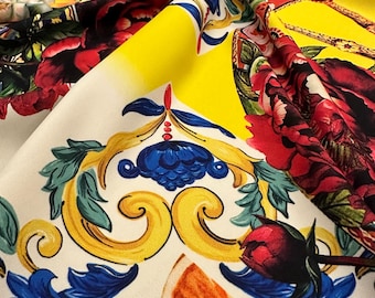 Abstract Sicilian Print Crepe Fabric / Italian Majolica Print / Mediterranean Fabric / Panel Fabric / Sewing Fabric / Fabric Width 150 cm