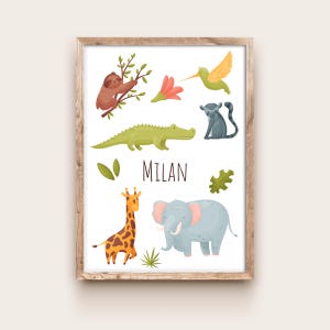 Animales del zoológico: póster con el nombre del bebé, marco para el nombre de la habitación del bebé con elefante, cocodrilo y jirafa, impresión personalizada del nombre del bebé A4