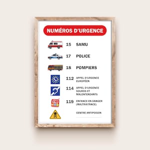 Peut inclure: Une affiche blanche avec une bannière rouge en haut qui dit "NUMÉROS D'URGENCE". L'affiche liste les numéros de téléphone d'urgence pour la France, y compris le SAMU, la Police, les Pompiers, l'Urgence Européenne, les Sourds et Malentendants, la Protection de l'Enfance et le Centre Antipoison.
