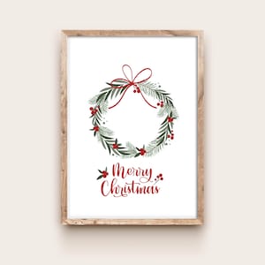 Couronne de Noël - affiche décorative de Noël, couronne de houx, Merry Christmas, poster de Noël imprimable sous cadre, carte de vœux