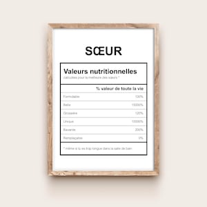 Puede incluir: Un cuadro enmarcado con la palabra "SŒUR" en la parte superior. Debajo, un gráfico muestra "Valeurs nutritionnelles" (Valores nutricionales) para las mejores hermanas, con porcentajes para rasgos como "Formidable" (100%) y "Unique" (10000%).