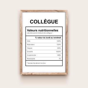 Valeurs nutritionnelles - affiche humoristique collègue femme pour cadeau de travail, départ retraite, secret santa ou anniversaire collègue