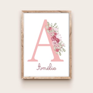 Letras floridas - Póster A4 con nombre de bebé, nombre de dormitorio de niña y marco inicial con ramo de flores rosas, póster con letras rosas floridas