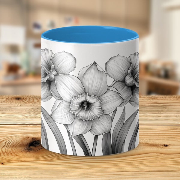 Black and White Daffodil Mug, Floral Coffee Cup, Botanical Illustration, Unique Gift Idea, Nature Lover Mug, gift for her, gift for mother