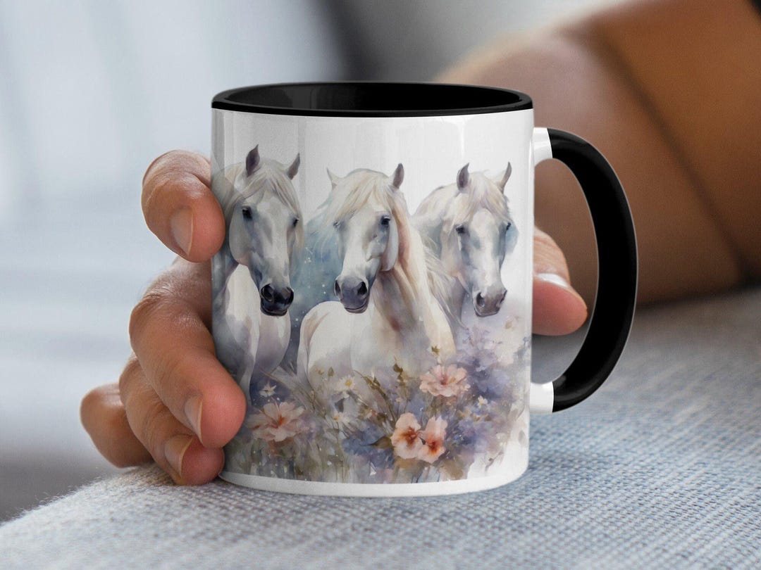 White Horses and Floral Design Mug, Coffee Mug With Beautiful Horse ...