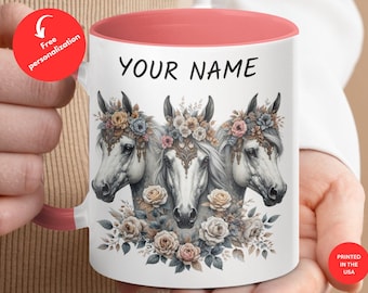 Personalized Horse Floral Mug, Custom Horse Lover Gift, Horse Owner Coffee Cup, Horse Themed Mug, Floral Horse Design Mug,Horse Rider Gift