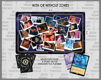Tapete de juego TCG de Disney Lorcana: Meme de la película "Nunca Pausa", borde cosido