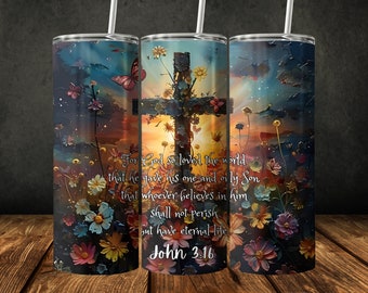 John 3:16 Tumbler Wrap, Digital Download PNG For 20 oz Skinny Straight Tumbler, Religious Christian Cross Design, Instant Download