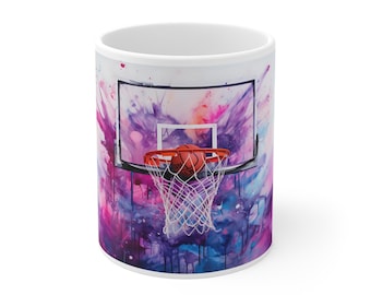 Abstracte basketbalkoffiemok: paarsroze splash, 11oz