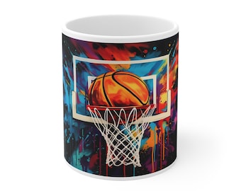 Abstracte basketbalkoffiemok: Splash Art, keramische beker van 11 oz
