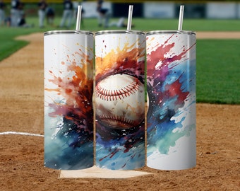 May include: Three stainless steel tumblers with a watercolor design of a baseball with colorful splashes. The tumblers are on a baseball field.