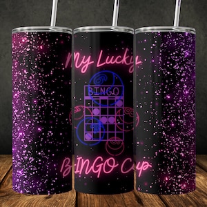 Bingo Tumbler Wrap Design: Purple Glitter, Lucky Cup (Digital Download)
