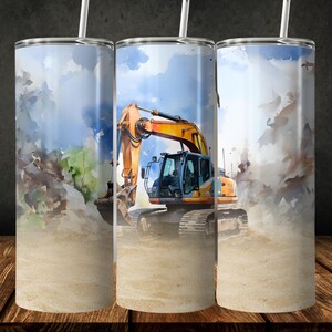 May include: A watercolor-style illustration of a yellow and blue excavator digging in a dirt pile. The excavator is in the foreground of the image, with a blue sky and white clouds in the background.