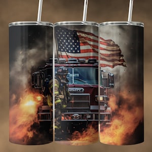 Firefighter Tumbler Wrap, Digital Download PNG For 20 oz Skinny Straight Cup, Fire Dept EMS, Patriotic American Flag, Instant Download