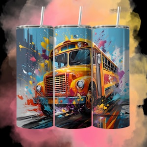 School Bus Tumbler Wrap, Digital Download PNG For 20 oz Skinny Straight Tumbler, Graffiti School Bus Driver Gift, Instant Download