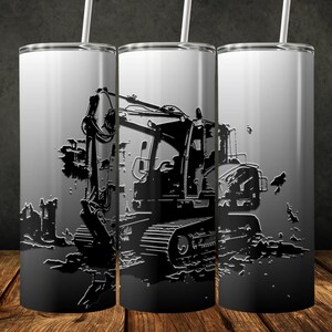 May include: A black and white illustration of an excavator on a white background. The excavator is shown in profile, with its arm extended and its bucket digging into the ground. The image is printed on a stainless steel tumbler.