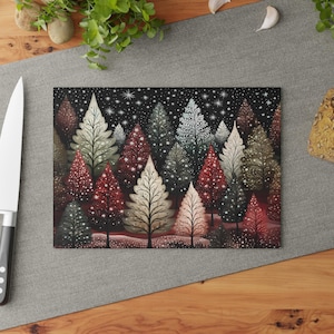 Festive Enchanted Forest Christmas Glass Cutting Board, Holiday Kitchen Decor, Winter Home Gift, Chopping Board, Cheese Board, 8x11 inches