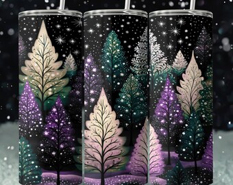 Winter Snowflake Tumbler Wrap: Purple Forest-sublimatieontwerp (digitale png-download)