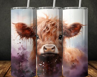 Baby Highland Cow Tumbler Wrap: Purple Watercolor Design (Digital Download)