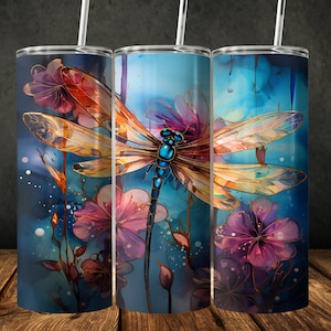 Dragonfly Tumbler Wrap. Digital Download PNG For 20 oz Skinny Straight Cup, Watercolor Floral Nature Design, Instant Download